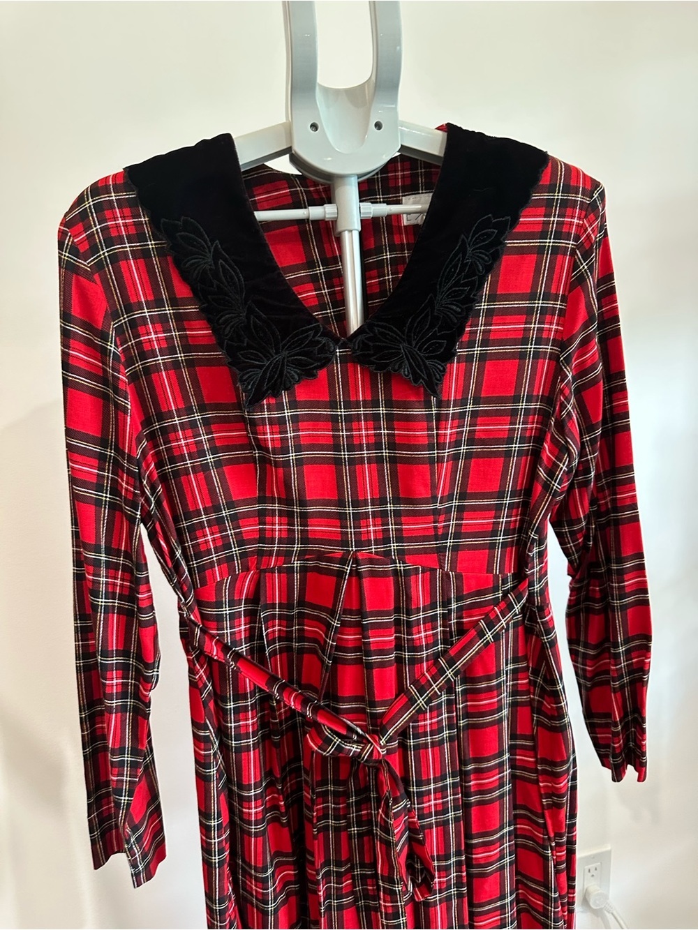 Red Plaid Long Sleeve Dress with Black Velvet Collar